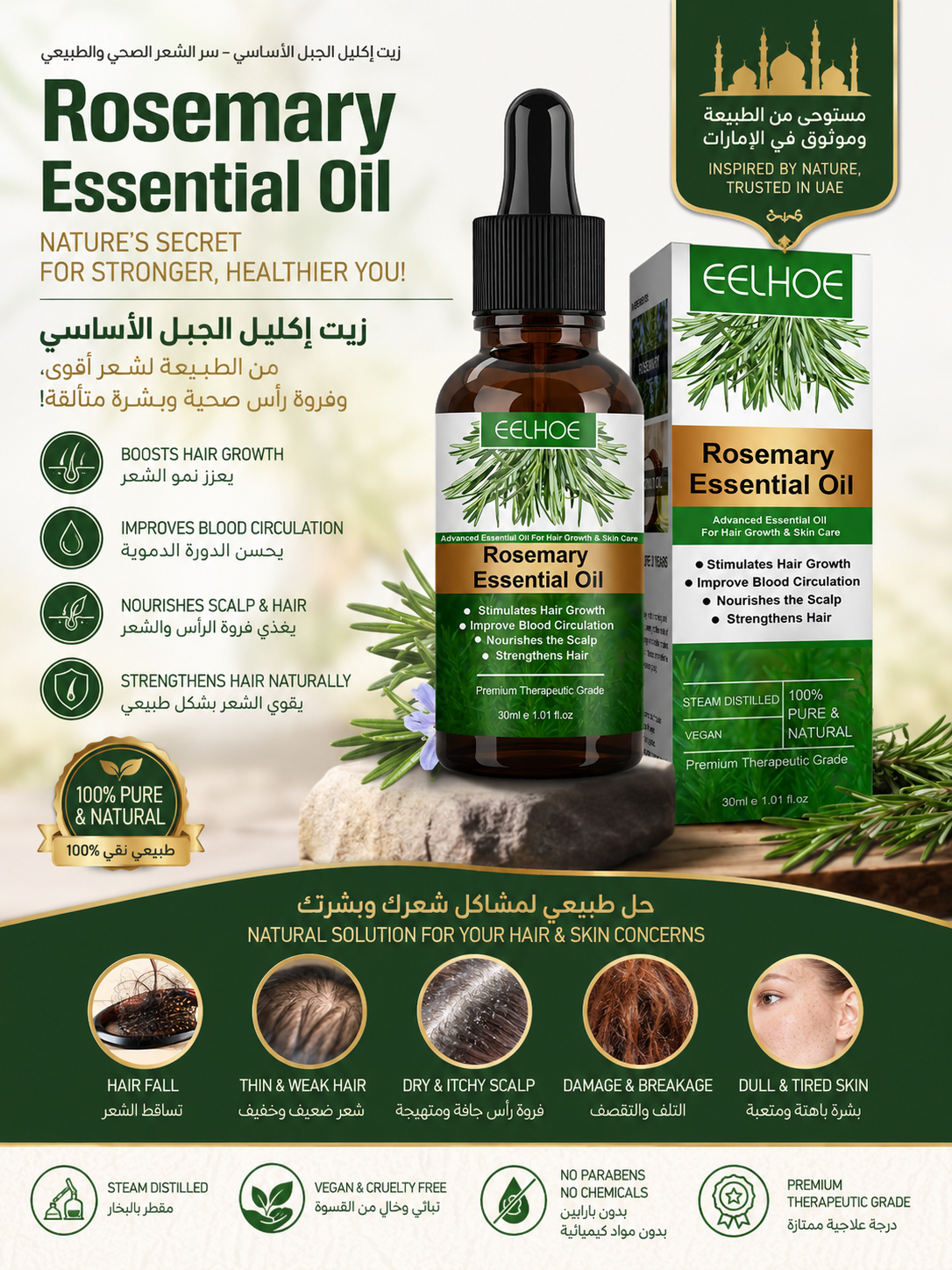 Rosemary Hair Growth Oil | 100% Pure & Natural | Stops Hair Fall, Thickens & Strengthens Hair | For All Hair Types | 30ml